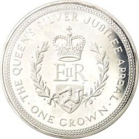 Isle of Man coin 1 Crown - Elizabeth II - Silver Jubilee Appeal (1977) reverse reverse of 1 Crown - Elizabeth II - Silver Jubilee Appeal (1977) coin with KM# 42 from Isle of Man. Inscription: THE QUEEN'S SILVER JUBILEE APPEAL EIIR · ONE CROWN ·