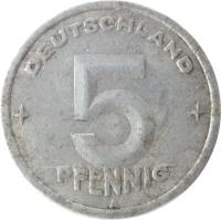 Germany coin 5 Pfennig (1948 - 1950) reverse reverse of 5 Pfennig (1948 - 1950) coin with KM# 2 from Germany. Inscription: DEUTSCHLAND 5 PFENNIG A