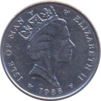 obverse of 5 Pence - Elizabeth II - Quincentenary of the College Arms - 3'rd Portrait (1985 - 1987) coin with KM# 145 from Isle of Man. Inscription: ISLE OF MAN ELIZABETH II 1986