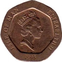 obverse of 20 Pence - Elizabeth II - 3'rd Portrait (1993 - 1995) coin with KM# 391 from Isle of Man. Inscription: ISLE OF MAN ELIZABETH II 1993