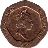 Isle of Man coin 20 Pence - Elizabeth II - 3'rd Portrait (1993 - 1995) obverse obverse of 20 Pence - Elizabeth II - 3'rd Portrait (1993 - 1995) coin with KM# 391 from Isle of Man. Inscription: ISLE OF MAN ELIZABETH II 1993
