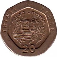 reverse of 20 Pence - Elizabeth II - 3'rd Portrait (1993 - 1995) coin with KM# 391 from Isle of Man. Inscription: TWENTY PENCE ellan vannin 20