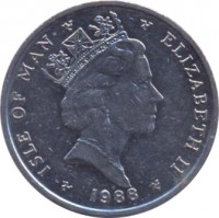 obverse of 10 Pence - Elizabeth II - 3'rd Portrait (1988 - 1992) coin with KM# 210 from Isle of Man. Inscription: ISLE OF MAN ELIZABETH II 1988