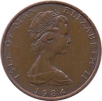 Isle of Man coin 1 Penny - Elizabeth II - College of Arms - 2'nd Portrait (1984) obverse obverse of 1 Penny - Elizabeth II - College of Arms - 2'nd Portrait (1984) coin with KM# 112 from Isle of Man. Inscription: ISLE OF MAN ELIZABETH II 1984