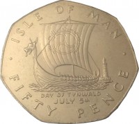 Isle of Man coin 50 Pence - Elizabeth II - Day of Tynwald - 2'nd Portrait (1979) reverse reverse of 50 Pence - Elizabeth II - Day of Tynwald - 2'nd Portrait (1979) coin with KM# 51 from Isle of Man. Inscription: · ISLE OF MAN · DAY OF TYNWALD JULY 5th FIFTY PENCE