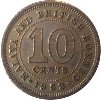reverse of 10 Cents - Elizabeth II - 1'st Portrait (1953 - 1961) coin with KM# 2 from Malaya and British Borneo. Inscription: MALAYA AND BRITISH BORNEO 10 CENTS 1961