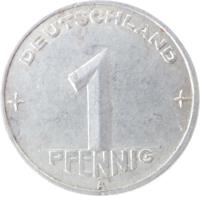 Germany coin 1 Pfennig (1952 - 1953) reverse reverse of 1 Pfennig (1952 - 1953) coin with KM# 5 from Germany. Inscription: DEUTSCHLAND 1 PFENNIG E