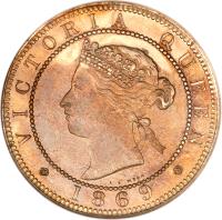 obverse of 1 Penny - Victoria (1869 - 1900) coin with KM# 17 from Jamaica. Inscription: VICTORIA QUEEN 1869