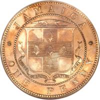 reverse of 1 Penny - Victoria (1869 - 1900) coin with KM# 17 from Jamaica. Inscription: JAMAICA ONE PENNY INDUS UTERQUE SERVIET UNI