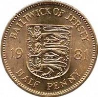 Jersey coin 1/2 Penny - Elizabeth II - 2'nd Portrait (1981) reverse reverse of 1/2 Penny - Elizabeth II - 2'nd Portrait (1981) coin with KM# 45 from Jersey. Inscription: BAILIWICK OF JERSEY 19 81 HALF PENNY