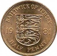 reverse of 1/2 Penny - Elizabeth II - 2'nd Portrait (1981) coin with KM# 45 from Jersey. Inscription: BAILIWICK OF JERSEY 19 81 HALF PENNY