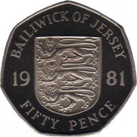reverse of 50 Pence - Elizabeth II - 2'nd Portrait (1981) coin with KM# 50 from Jersey. Inscription: BAILIWICK OF JERSEY 19 81 FIFTY PENCE