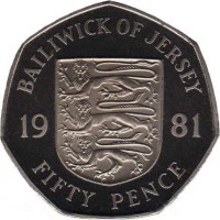 Jersey coin 50 Pence - Elizabeth II - 2'nd Portrait (1981) reverse reverse of 50 Pence - Elizabeth II - 2'nd Portrait (1981) coin with KM# 50 from Jersey. Inscription: BAILIWICK OF JERSEY 19 81 FIFTY PENCE