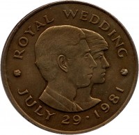 reverse of 2 Pounds - Elizabeth II - Royal Wedding (1981) coin with KM# 52 from Jersey. Inscription: · ROYAL WEDDING · JULY 29 · 1981