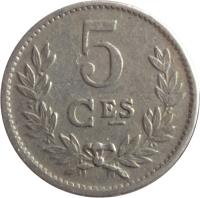 reverse of 5 Centimes - Charlotte (1924) coin with KM# 33 from Luxembourg. Inscription: 5 CES