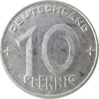 reverse of 10 Pfennig (1948 - 1950) coin with KM# 3 from Germany. Inscription: DEUTSCHLAND 10 PFENNIG A