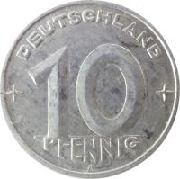 Germany coin 10 Pfennig (1948 - 1950) reverse reverse of 10 Pfennig (1948 - 1950) coin with KM# 3 from Germany. Inscription: DEUTSCHLAND 10 PFENNIG A