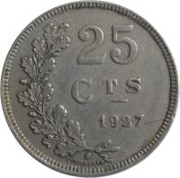 reverse of 25 Centimes - Charlotte (1927) coin with KM# 37 from Luxembourg. Inscription: 25 CTS 1927 EVERAERTS