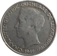 Luxembourg coin 5 Francs - Charlotte (1949) obverse obverse of 5 Francs - Charlotte (1949) coin with KM# 50 from Luxembourg. Inscription: CHARLOTTE GRANDE DUCHESSE DE LUXEMBOURG · 1949 ·