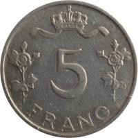 reverse of 5 Francs - Charlotte (1949) coin with KM# 50 from Luxembourg. Inscription: 5 FRANG