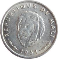 Mali coin 25 Francs (1961) obverse obverse of 25 Francs (1961) coin with KM# 4 from Mali. Inscription: REPUBLIQUE DU MALI 1961
