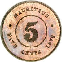 Mauritius coin 5 Cents - Victoria (1877 - 1897) reverse reverse of 5 Cents - Victoria (1877 - 1897) coin with KM# 9 from Mauritius. Inscription: * MAURITIUS * 5 FIVE CENTS 1897