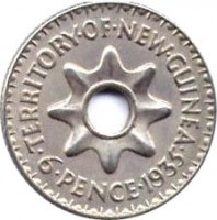 New Guinea coin 6 Pence - George V (1935) reverse reverse of 6 Pence - George V (1935) coin with KM# 4 from New Guinea. Inscription: TERRITORY · OF · NEW · GUINEA · 6 · PENCE · 1935 ·