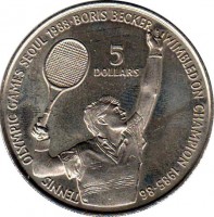 Niue coin 5 Dollars - Elizabeth II - Boris Becker (1987) reverse reverse of 5 Dollars - Elizabeth II - Boris Becker (1987) coin with KM# 1 from Niue. Inscription: TENNIS OLYMPIC GAMES SEOUL 1988 BORIS BECKER WIMBLEDON CHAMPION 1985-86 5 DOLLARS