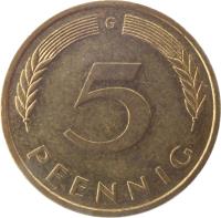 reverse of 5 Pfennig (1950 - 2001) coin with KM# 107 from Germany. Inscription: F 5 PFENNIG