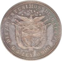 obverse of 10 Centésimos (1904) coin with KM# 3 from Panama. Inscription: DIEZ CENTESIMOS DE BALBOA G.5.LEY 0.900