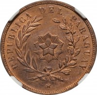 obverse of 1 Centésimo (1870) coin with KM# 2 from Paraguay. Inscription: REPUBLICA DEL PARAGUAY