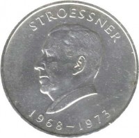 Paraguay coin 300 Guaraníes - 4th Term of President Stroessner (1968) obverse obverse of 300 Guaraníes - 4th Term of President Stroessner (1968) coin with KM# 29 from Paraguay. Inscription: STROESSNER 1968 - 1973