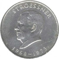 obverse of 300 Guaraníes - 4th Term of President Stroessner (1968) coin with KM# 29 from Paraguay. Inscription: STROESSNER 1968 - 1973