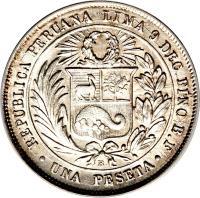 reverse of 1 Peseta (1880) coin with KM# 200 from Peru. Inscription: REPUBLICA PERUANA LIMA 9 DEC.FINO B.F .UNA PESETA.
