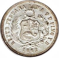 Peru coin 1/5 Sol (1863 - 1875) obverse obverse of 1/5 Sol (1863 - 1875) coin with KM# 191 from Peru. Inscription: REPUBLICA PERUANA LIMA 9 D FINO Y.B 1866