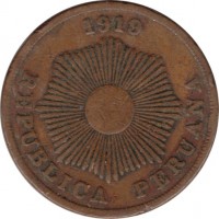 obverse of 2 Centavos (1919) coin with KM# A212 from Peru. Inscription: 1919 REPUBLICA PERUANA