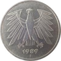 obverse of 5 Deutsche Mark (1975 - 2001) coin with KM# 140.1 from Germany. Inscription: 1987 J