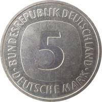 reverse of 5 Deutsche Mark (1975 - 2001) coin with KM# 140.1 from Germany. Inscription: 5 DEUTSCHE MARK BUNDESREPUBLIK DEUTSCHLAND