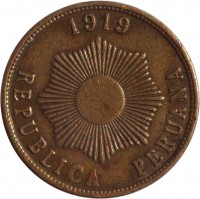 Peru coin 1 Centavo (1919) obverse obverse of 1 Centavo (1919) coin with KM# 187 from Peru. Inscription: 1919 REPUBLICA PERUANA