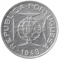 Portuguese Timor coin 50 Avos (1945 - 1951) obverse obverse of 50 Avos (1945 - 1951) coin with KM# 7 from Portuguese Timor. Inscription: REPUBLICA · PORTUGUESA · 1948 ·