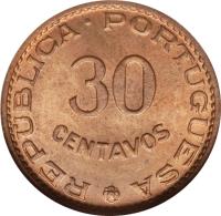 reverse of 30 Centavos (1958) coin with KM# 11 from Portuguese Timor. Inscription: 30 CENTAVOS REPUBLICA PORTUGUESA
