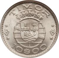 obverse of 10 Escudos (1964) coin with KM# 16 from Portuguese Timor. Inscription: TIMOR 10$00