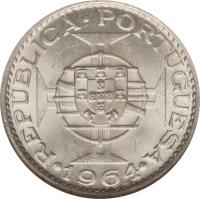 reverse of 10 Escudos (1964) coin with KM# 16 from Portuguese Timor. Inscription: REPUBLICA.PORTUGUESA. 1964