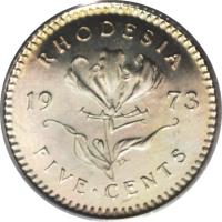 reverse of 5 Cents (1973) coin with KM# 12 from Rhodesia. Inscription: RHODESIA 19 73 FIVE CENTS