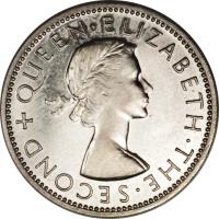 obverse of 2 Shillings - Elizabeth II - 1'st Portrait (1955 - 1957) coin with KM# 6 from Rhodesia and Nyasaland. Inscription: + QUEEN · ELIZABETH · THE · SECOND