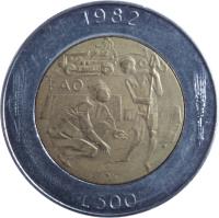 San Marino coin 500 Lire - Social Conquests (1982) reverse reverse of 500 Lire - Social Conquests (1982) coin with KM# 140 from San Marino. Inscription: 1982 L 500
