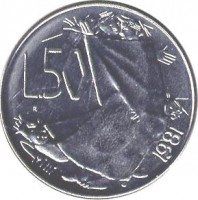 San Marino coin 50 Lire (1981) reverse reverse of 50 Lire (1981) coin with KM# 121 from San Marino. Inscription: L.50 1981