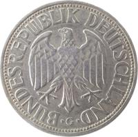 obverse of 1 Deutsche Mark (1950 - 2001) coin with KM# 110 from Germany. Inscription: BUNDESREPUBLIK DEUTSCHLAND . J .