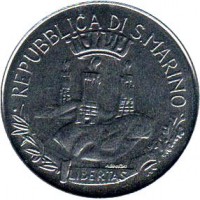 obverse of 50 Lire (1982) coin with KM# 136 from San Marino. Inscription: REPUBLICA DI S.MARINO LIBERITAS