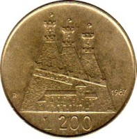 reverse of 200 Lire (1987) coin with KM# 208 from San Marino. Inscription: 1987 L 200